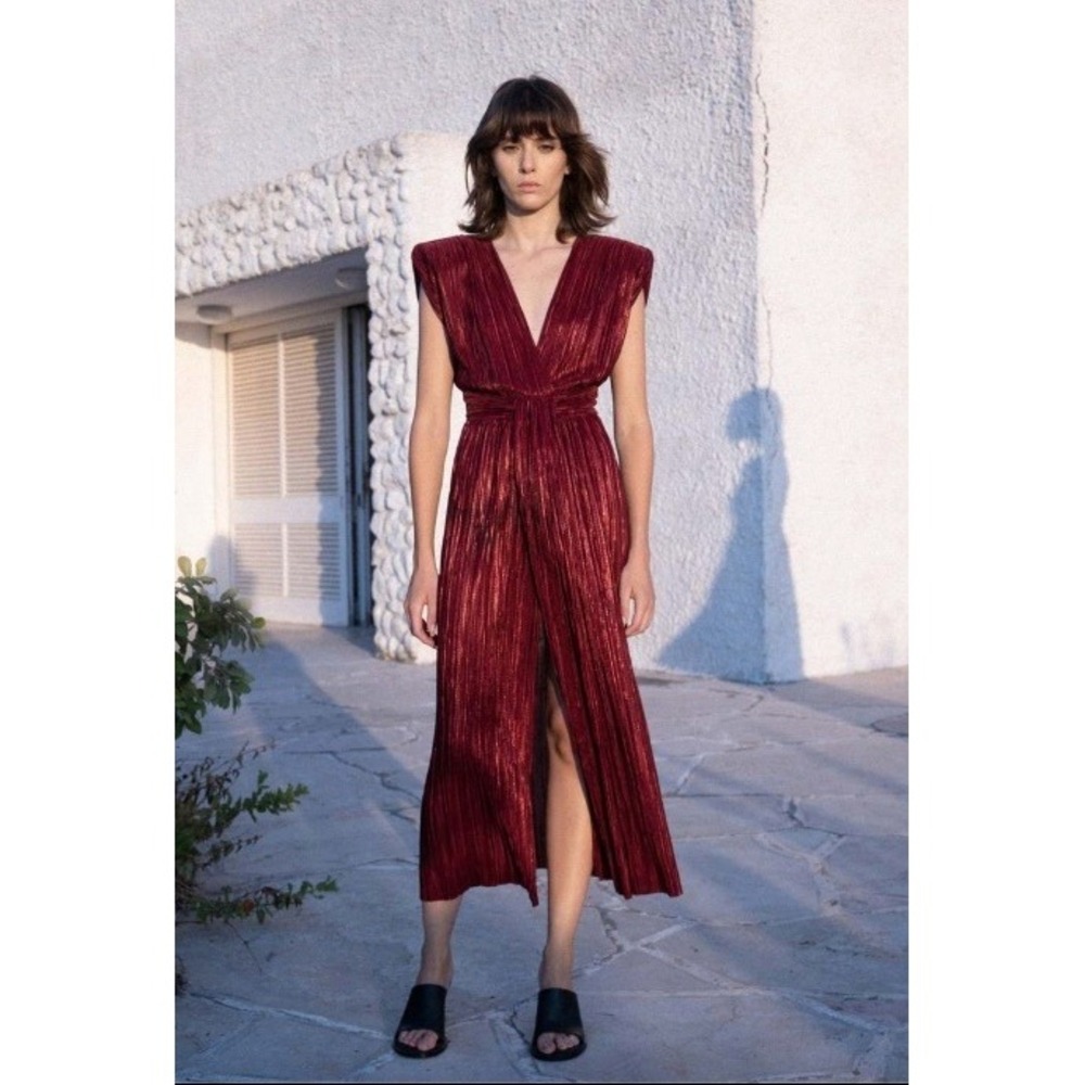 Sabina Musayev Donna Dress Ruby Wine Metallic Plisse V-Neck Maxi XS New